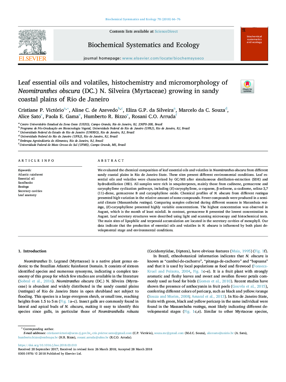 Leaf essential oils and volatiles, histochemistry and micromorphology of Neomitranthes obscura (DC.) N. Silveira (Myrtaceae) growing in sandy coastal plains of Rio de Janeiro