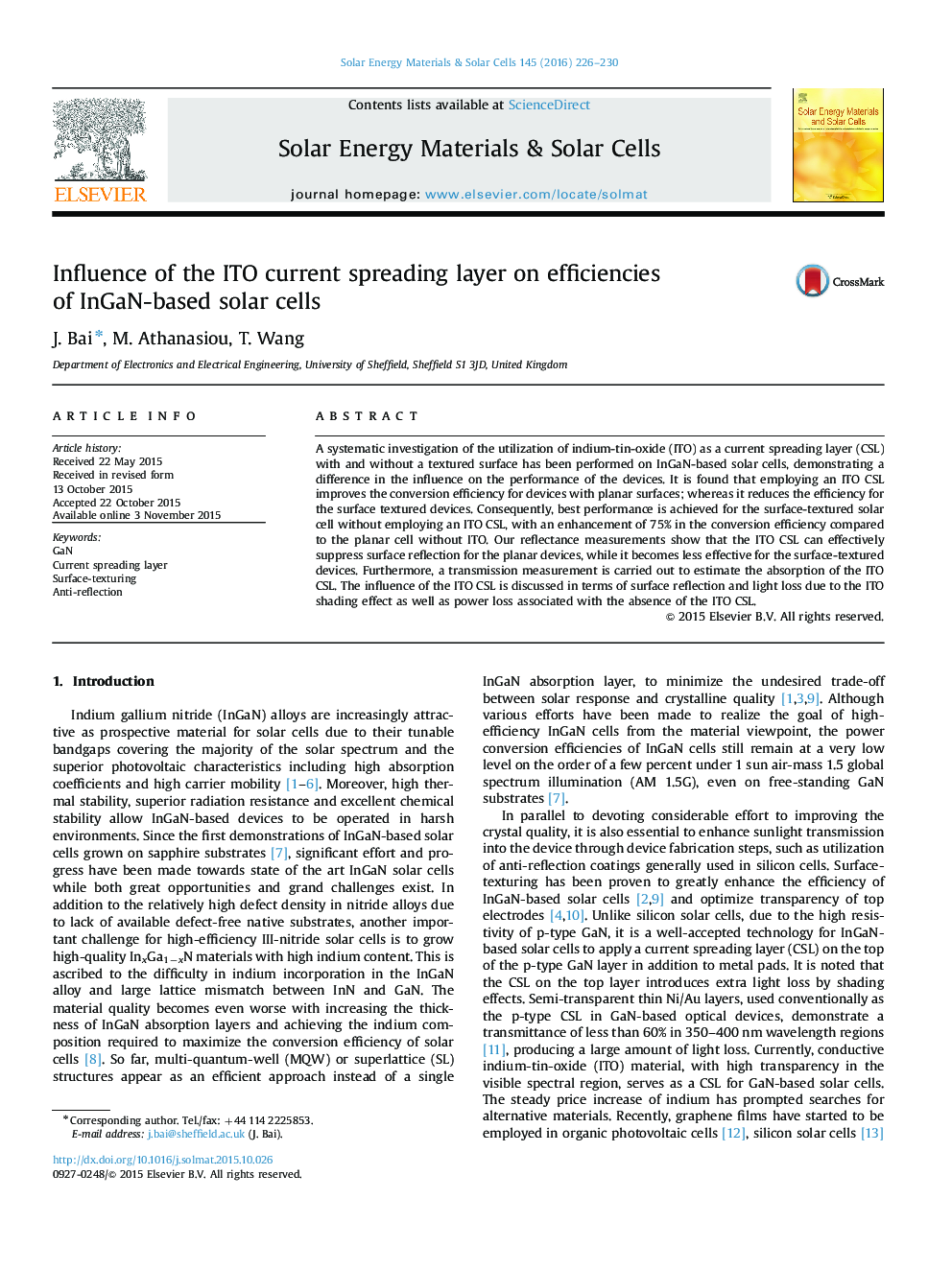 Influence of the ITO current spreading layer on efficiencies of InGaN-based solar cells