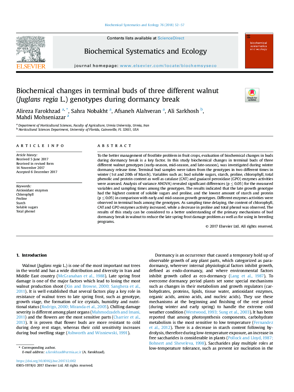 Biochemical changes in terminal buds of three different walnut (Juglans regia L.) genotypes during dormancy break