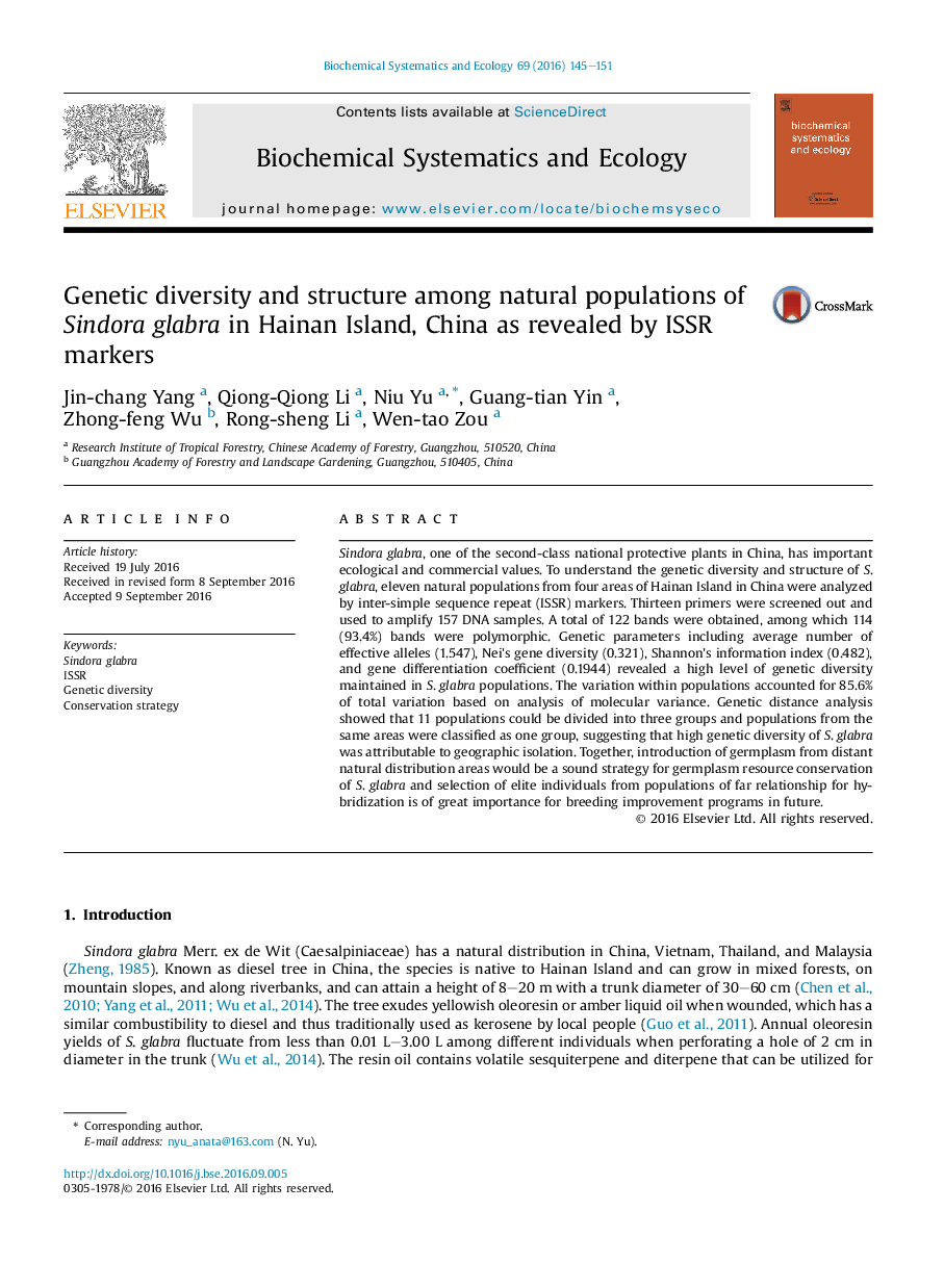 Genetic diversity and structure among natural populations of Sindora glabra in Hainan Island, China as revealed by ISSR markers