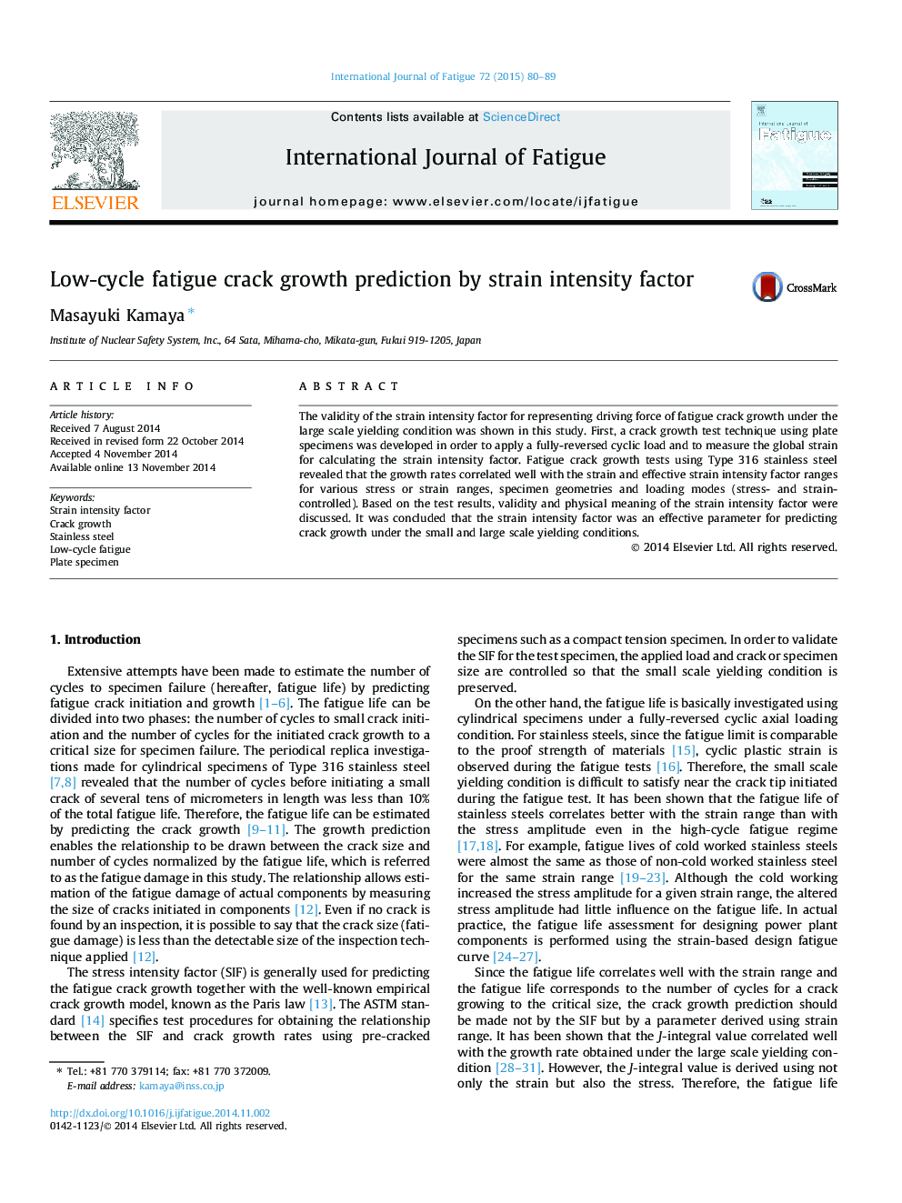 Low-cycle fatigue crack growth prediction by strain intensity factor