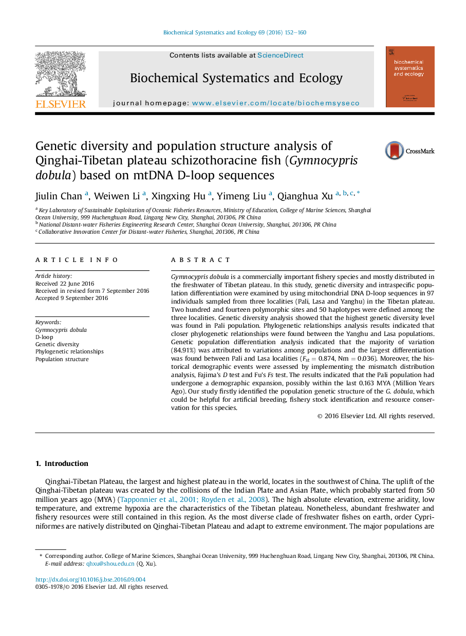 Genetic diversity and population structure analysis of Qinghai-Tibetan plateau schizothoracine fish (Gymnocypris dobula) based on mtDNA D-loop sequences