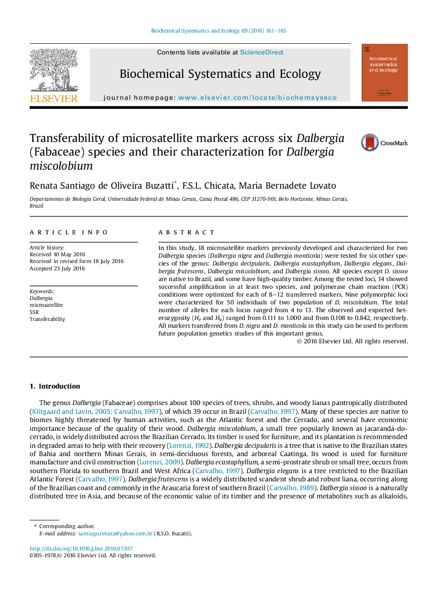 Transferability of microsatellite markers across six Dalbergia (Fabaceae) species and their characterization for Dalbergia miscolobium