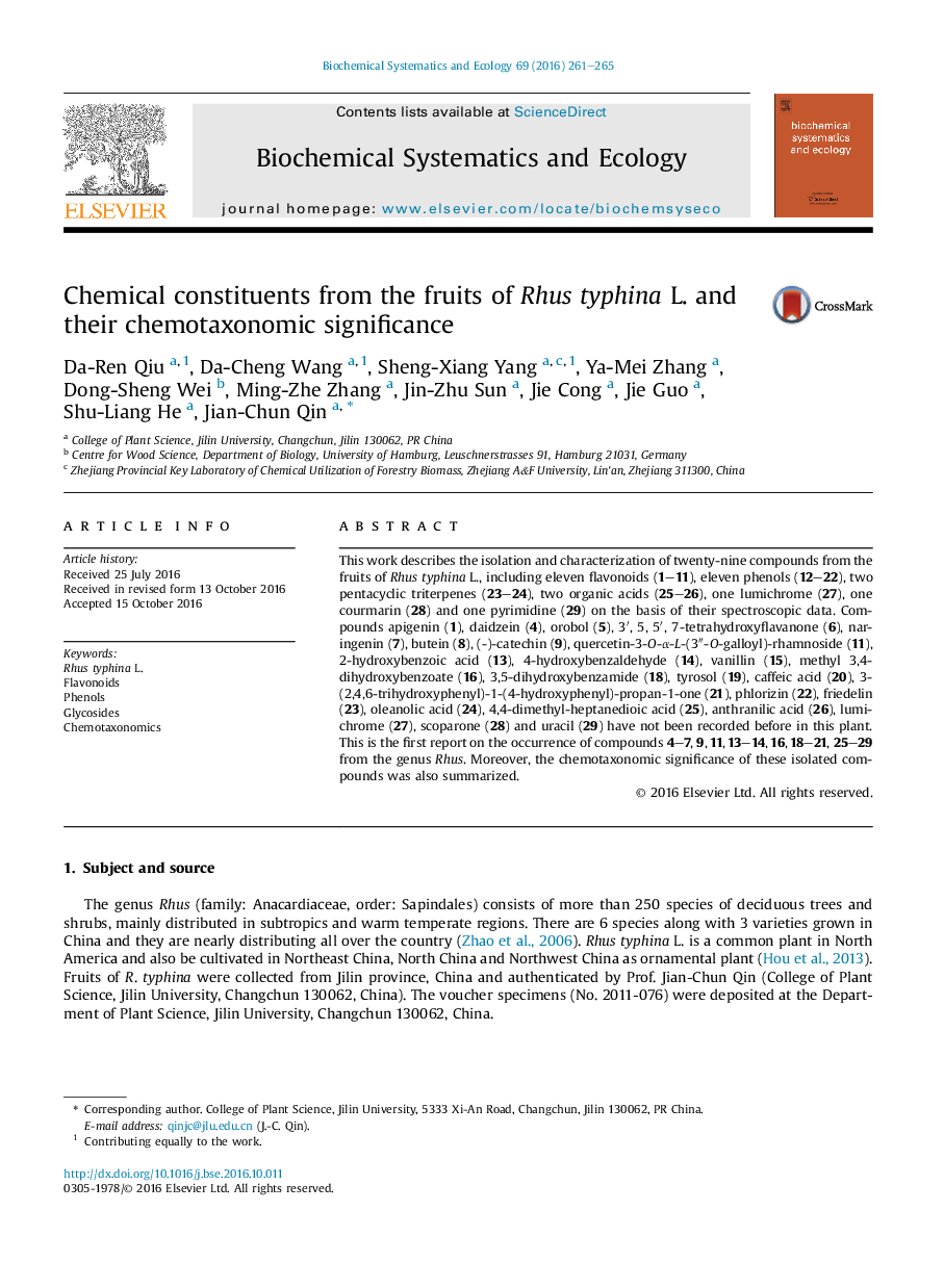 عکس صفحه اول مقاله: Chemical constituents from the fruits of Rhus typhina L. and their chemotaxonomic significance Chemical constituents from the fruits of Rhus typhina L. and their chemotaxonomic significance