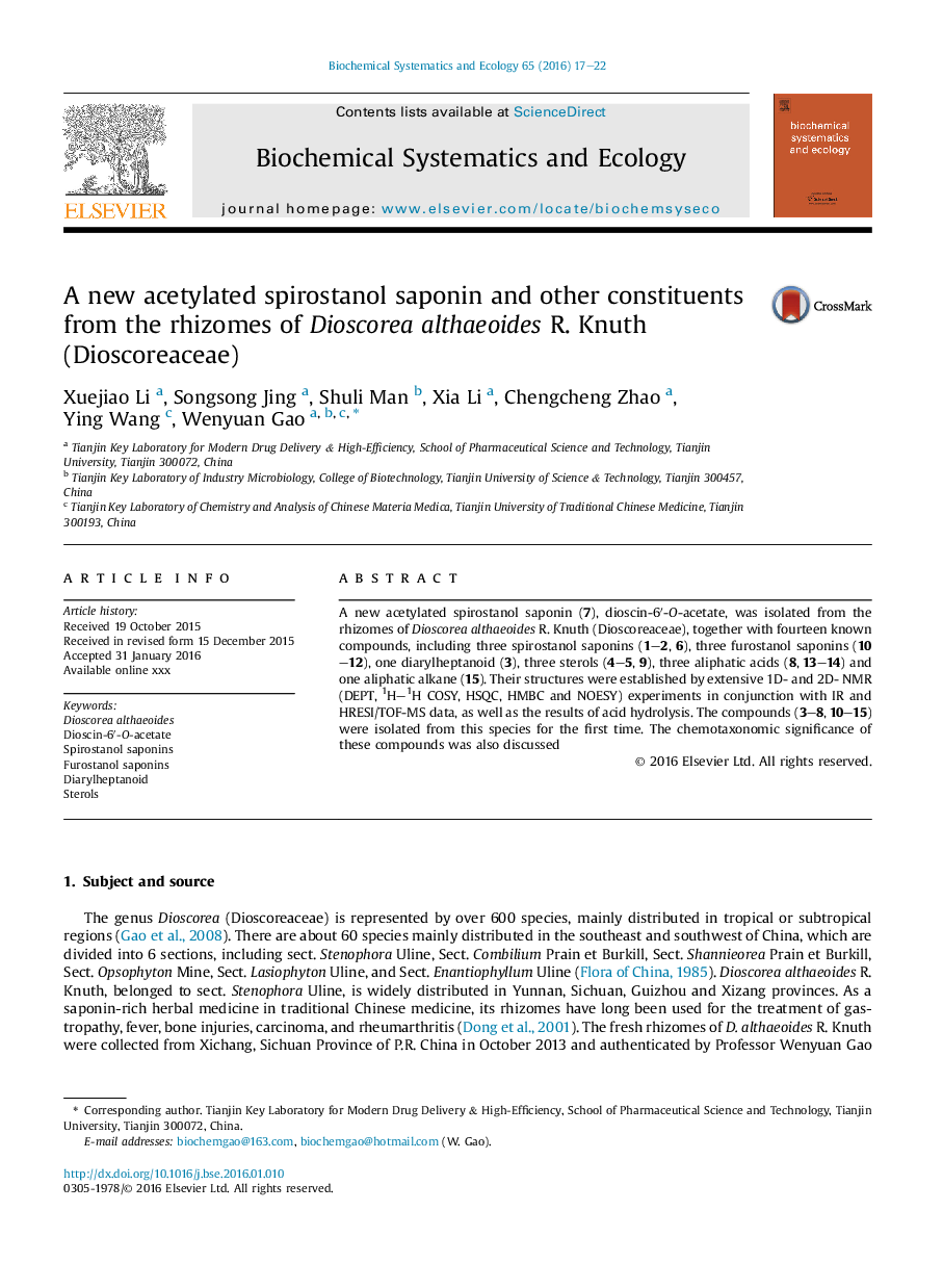 A new acetylated spirostanol saponin and other constituents from the rhizomes of Dioscorea althaeoides R. Knuth (Dioscoreaceae)