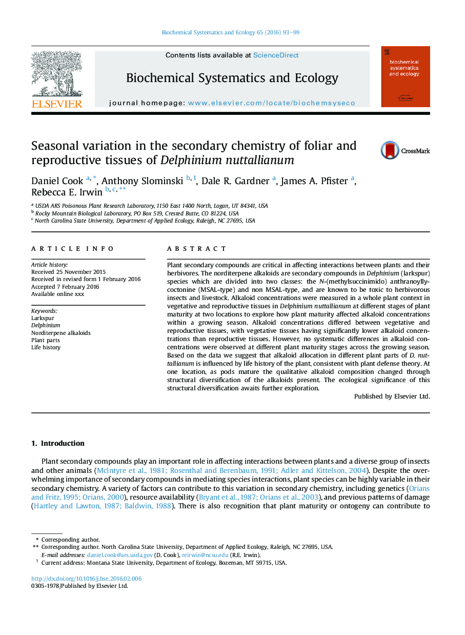 Seasonal variation in the secondary chemistry of foliar and reproductive tissues of Delphinium nuttallianum