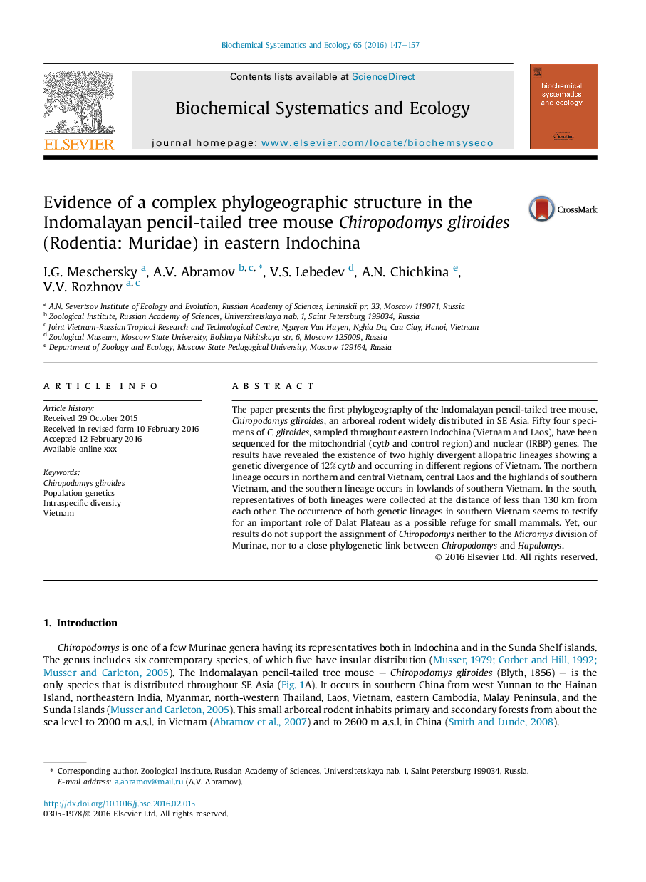 Evidence of a complex phylogeographic structure in the Indomalayan pencil-tailed tree mouse Chiropodomys gliroides (Rodentia: Muridae) in eastern Indochina