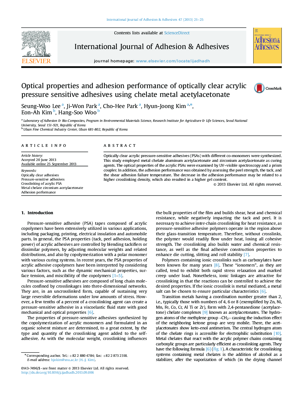 Optical properties and adhesion performance of optically clear acrylic pressure sensitive adhesives using chelate metal acetylacetonate