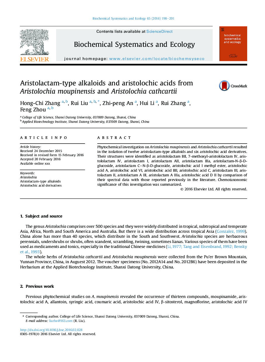 Aristolactam-type alkaloids and aristolochic acids from Aristolochia moupinensis and Aristolochia cathcartii