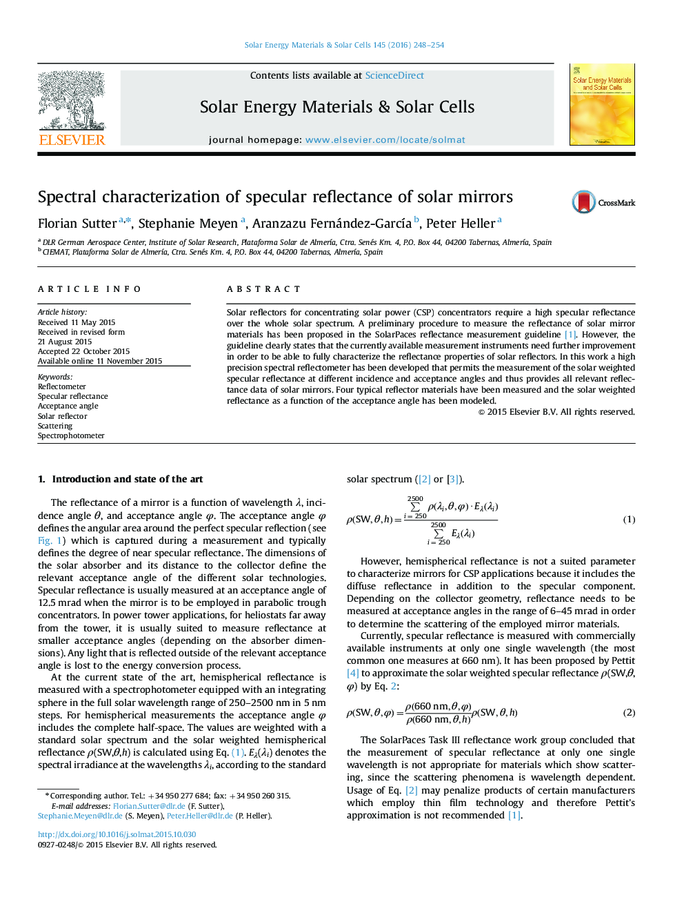 Spectral characterization of specular reflectance of solar mirrors