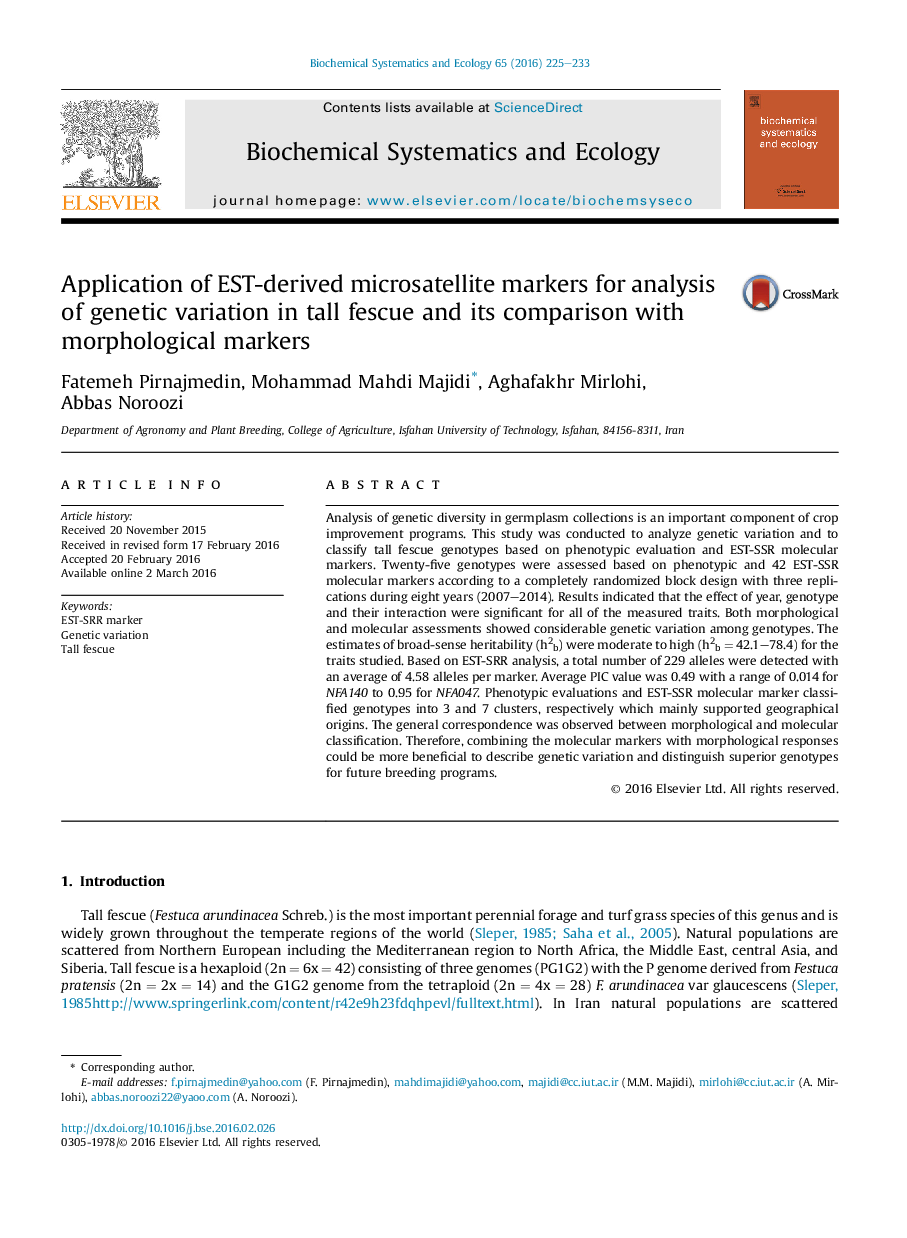 Application of EST-derived microsatellite markers for analysis of genetic variation in tall fescue and its comparison with morphological markers