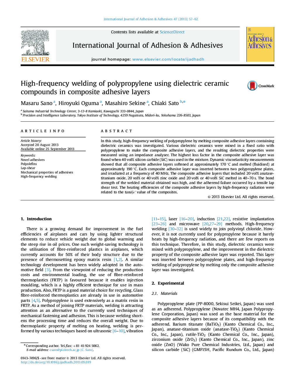 High-frequency welding of polypropylene using dielectric ceramic compounds in composite adhesive layers