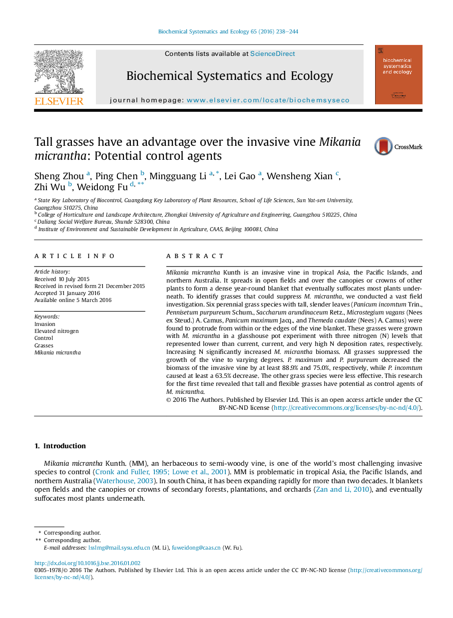 Tall grasses have an advantage over the invasive vine Mikania micrantha: Potential control agents