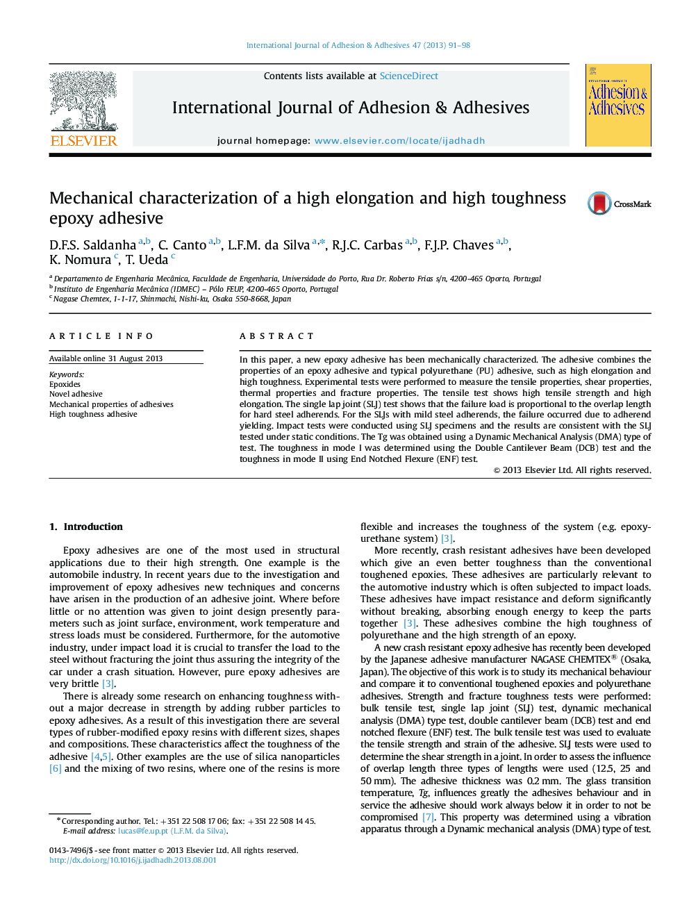 Mechanical characterization of a high elongation and high toughness epoxy adhesive