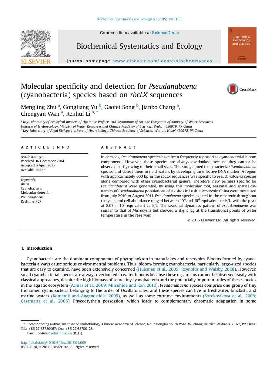 Molecular specificity and detection for Pseudanabaena (cyanobacteria) species based on rbcLX sequences