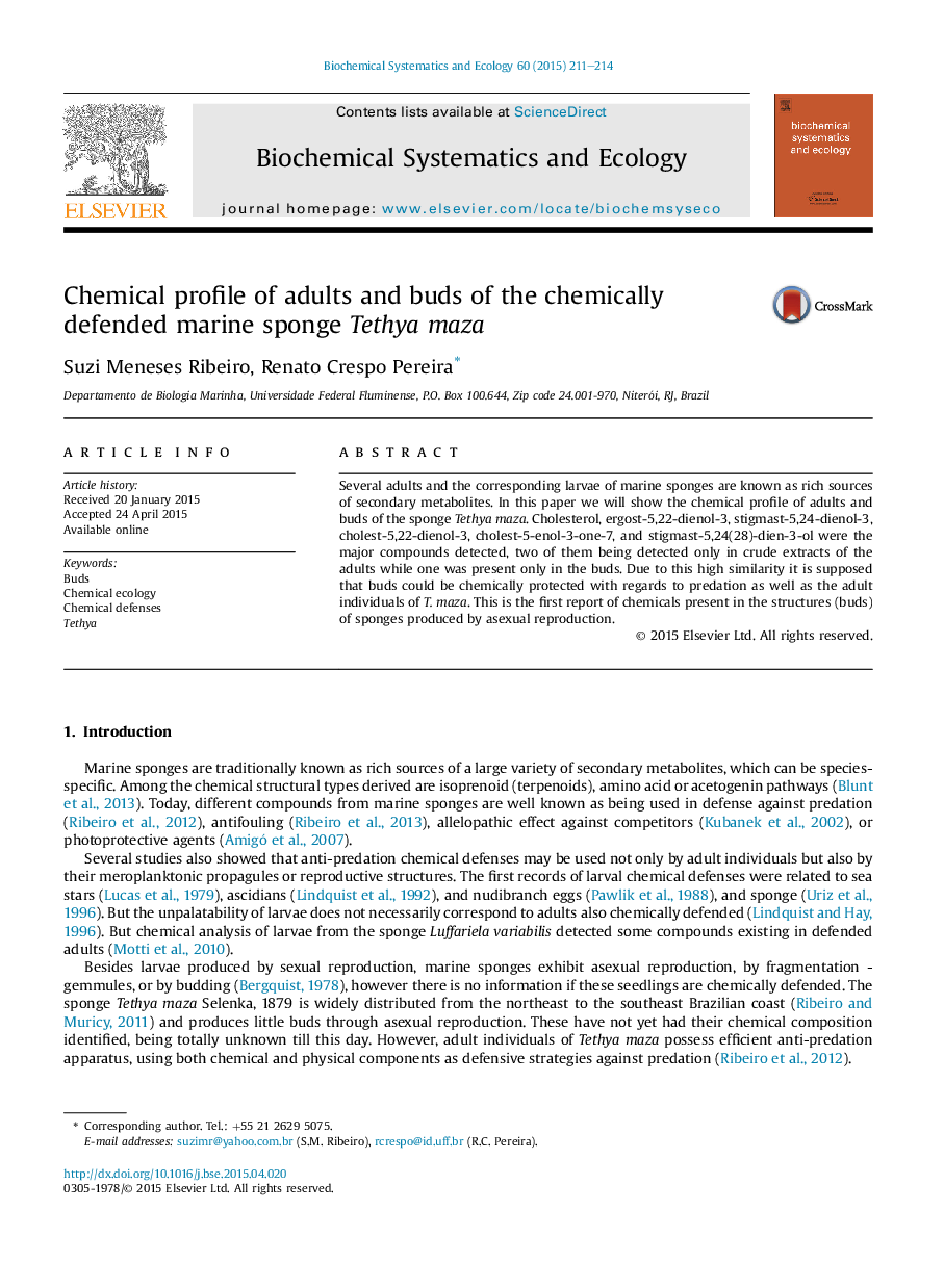 Chemical profile of adults and buds of the chemically defended marine sponge Tethya maza