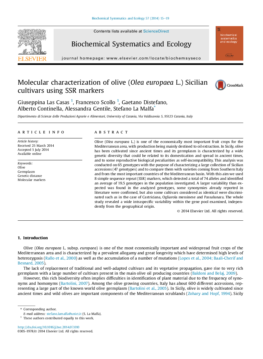 Molecular characterization of olive (Olea europaea L.) Sicilian cultivars using SSR markers