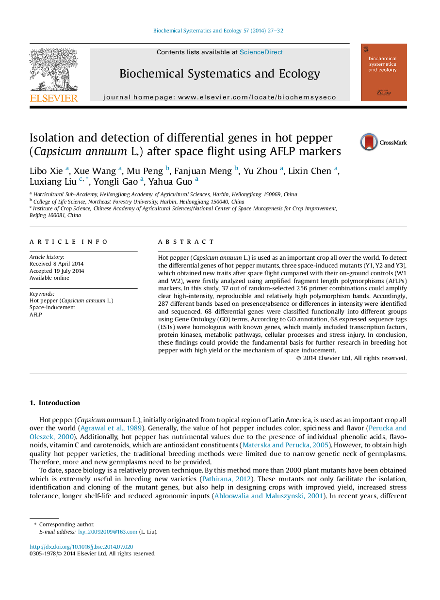 Isolation and detection of differential genes in hot pepper (Capsicum annuum L.) after space flight using AFLP markers
