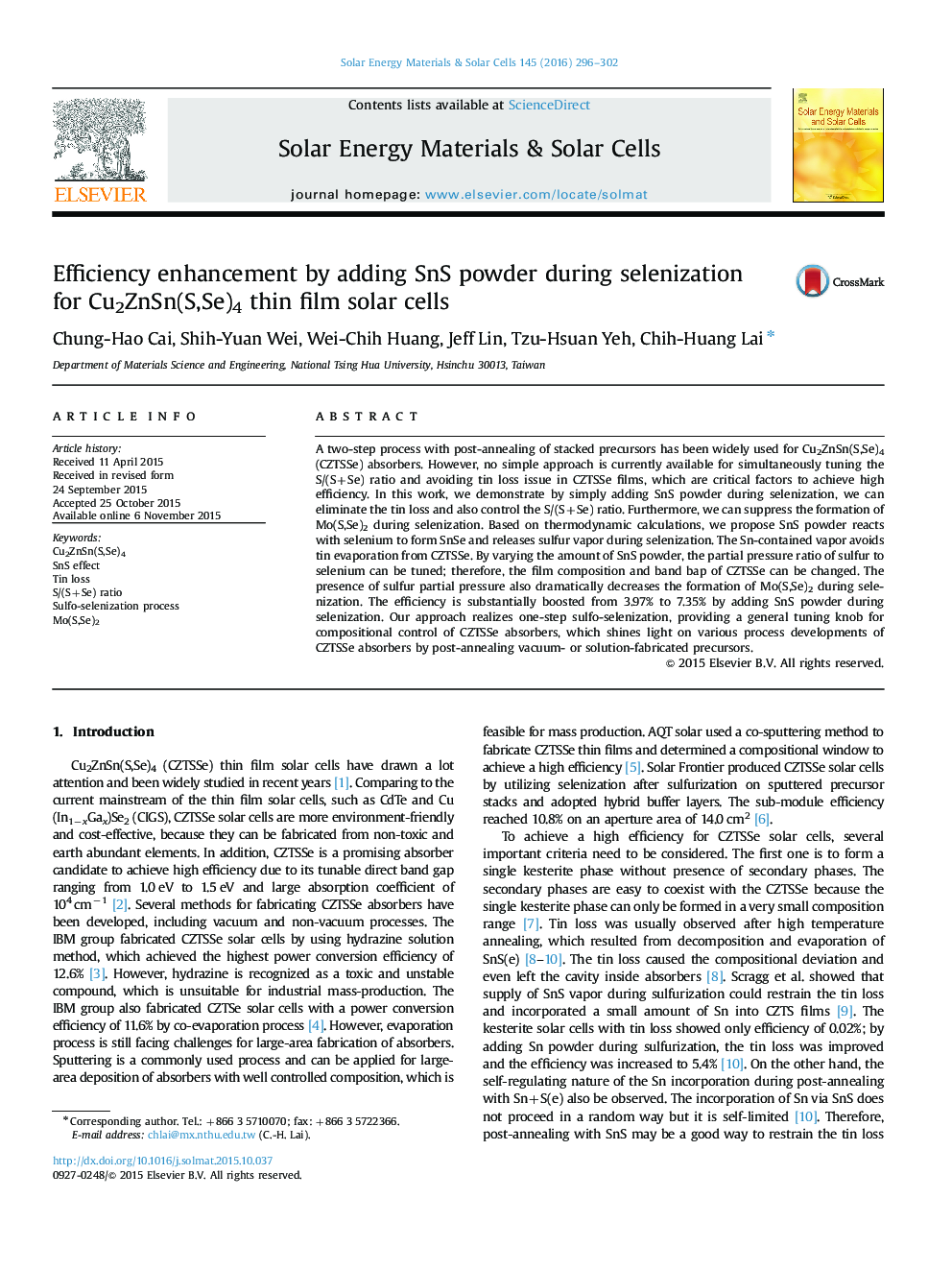 Efficiency enhancement by adding SnS powder during selenization for Cu2ZnSn(S,Se)4 thin film solar cells