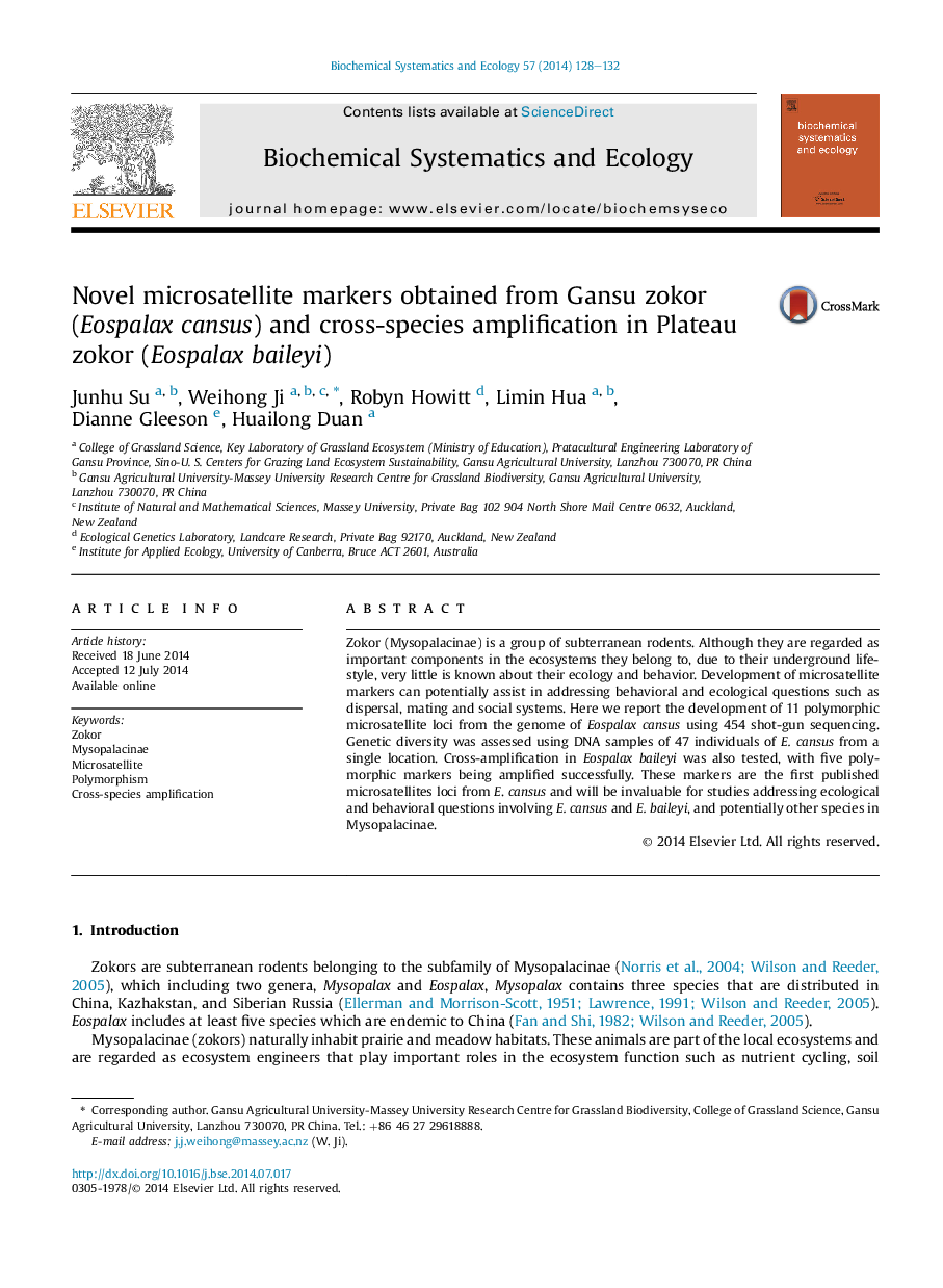 Novel microsatellite markers obtained from Gansu zokor (Eospalax cansus) and cross-species amplification in Plateau zokor (Eospalax baileyi)