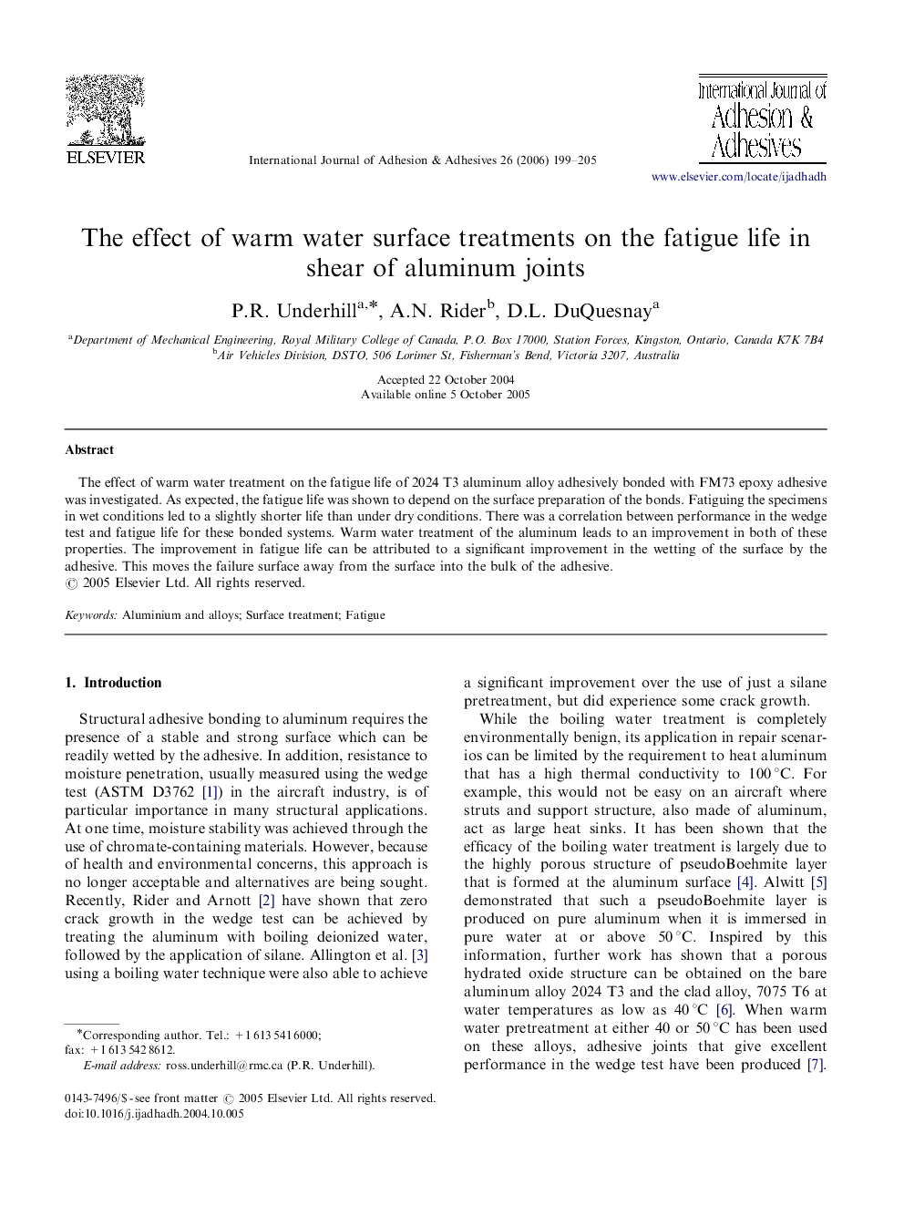 The effect of warm water surface treatments on the fatigue life in shear of aluminum joints