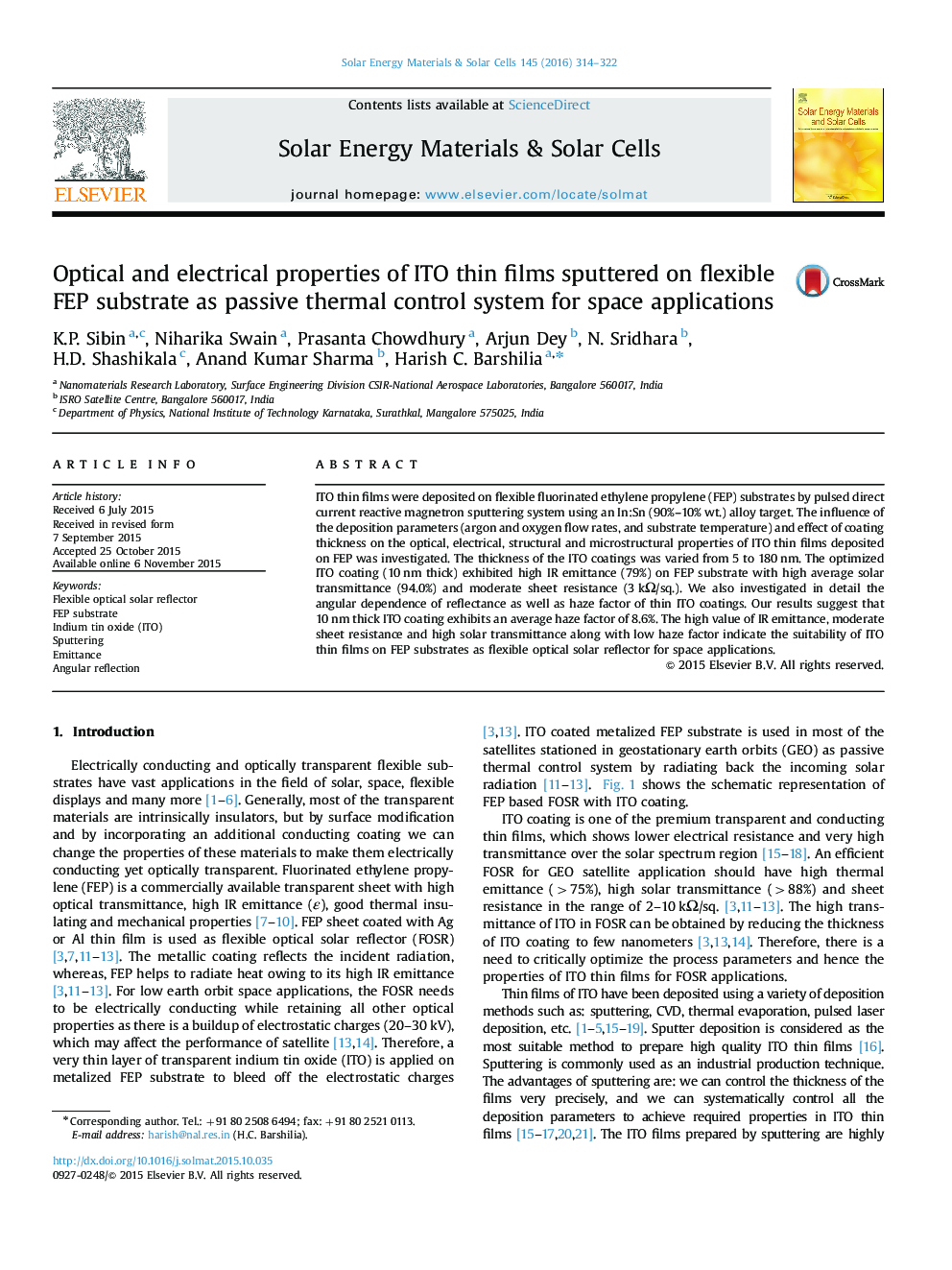 Optical and electrical properties of ITO thin films sputtered on flexible FEP substrate as passive thermal control system for space applications