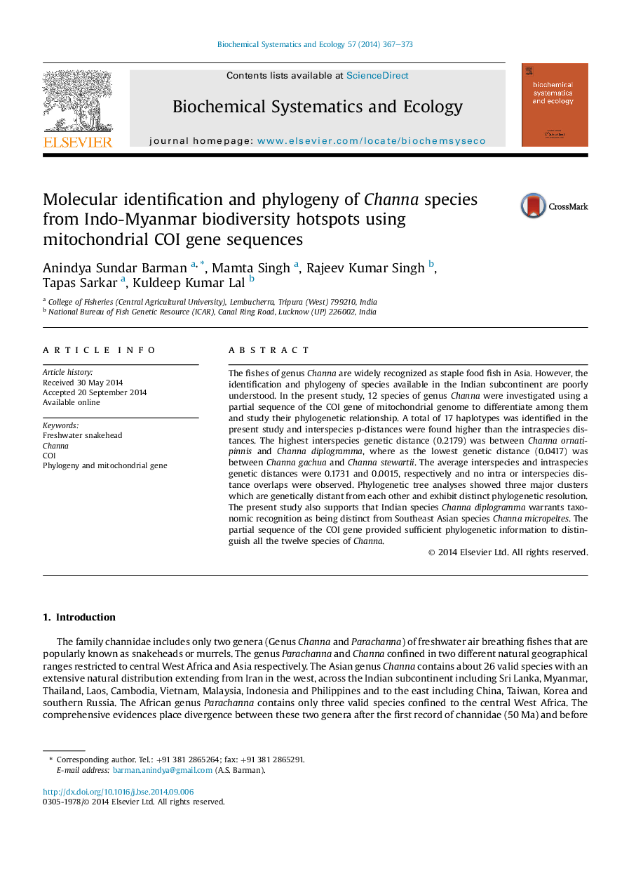 RETRACTED: Molecular identification and phylogeny of Channa species from Indo-Myanmar biodiversity hotspots using mitochondrial COI gene sequences