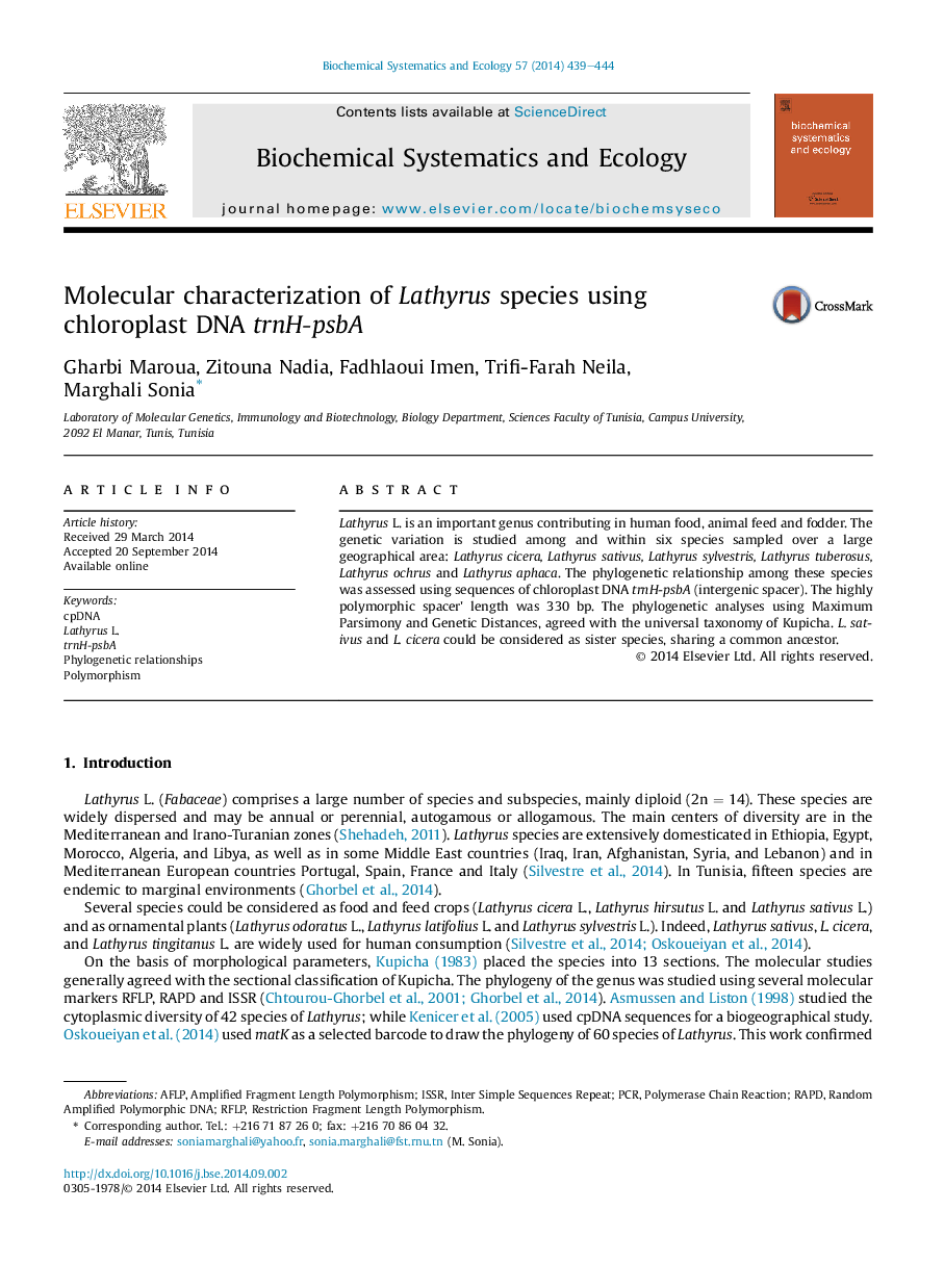 عکس صفحه اول مقاله: Molecular characterization of Lathyrus species using chloroplast DNA trnH-psbA Molecular characterization of Lathyrus species using chloroplast DNA trnH-psbA