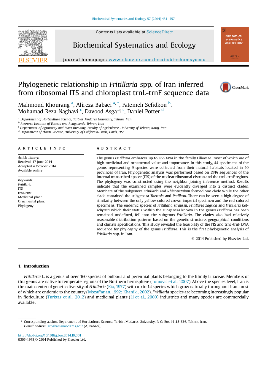 Phylogenetic relationship in Fritillaria spp. of Iran inferred from ribosomal ITS and chloroplast trnL-trnF sequence data