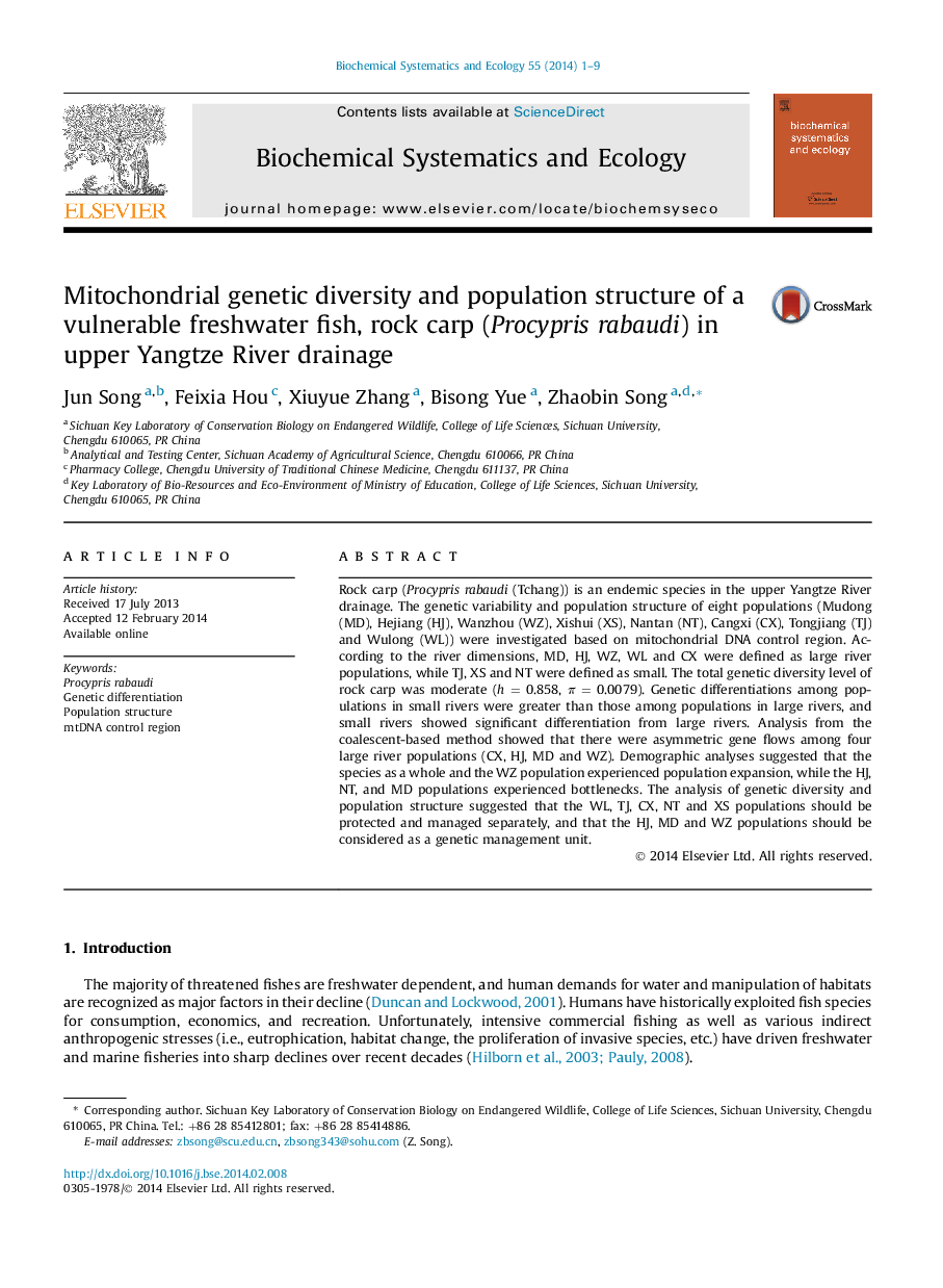 Mitochondrial genetic diversity and population structure of a vulnerable freshwater fish, rock carp (Procypris rabaudi) in upper Yangtze River drainage