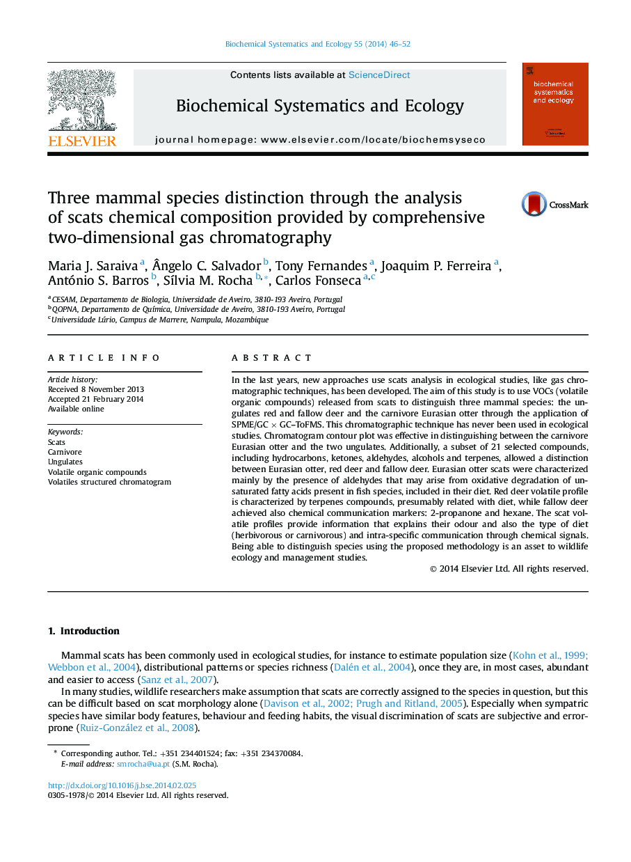 Three mammal species distinction through the analysis ofÂ scats chemical composition provided by comprehensive two-dimensional gas chromatography