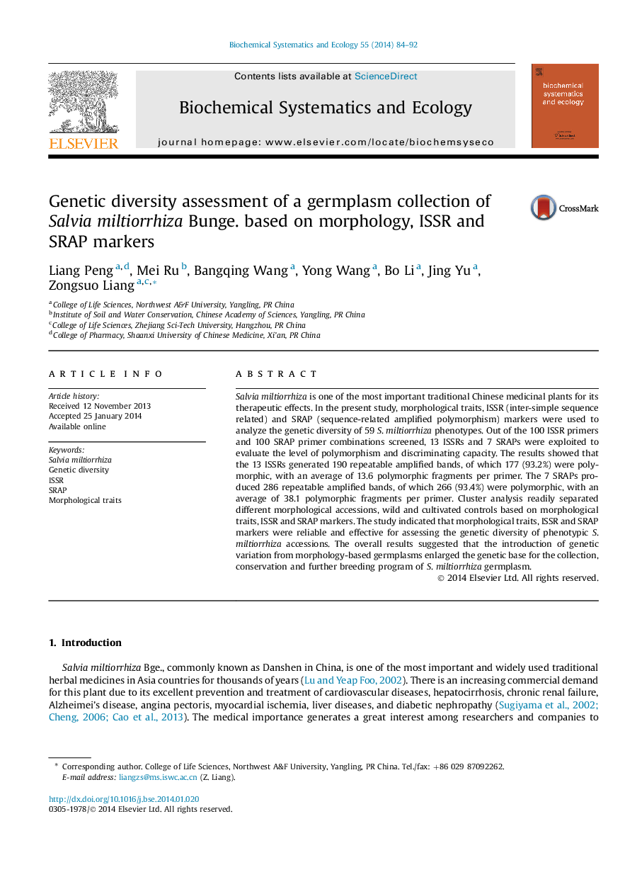 Genetic diversity assessment of a germplasm collection of Salvia miltiorrhiza Bunge. based on morphology, ISSR and SRAP markers