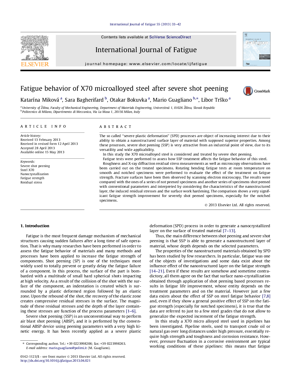 Fatigue behavior of X70 microalloyed steel after severe shot peening