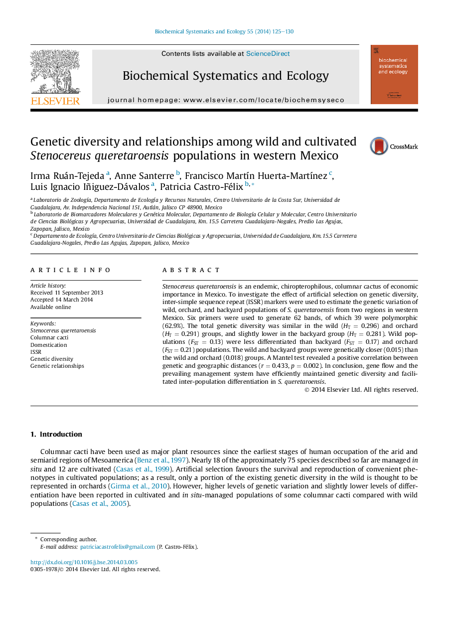 Genetic diversity and relationships among wild and cultivated Stenocereus queretaroensis populations in western Mexico