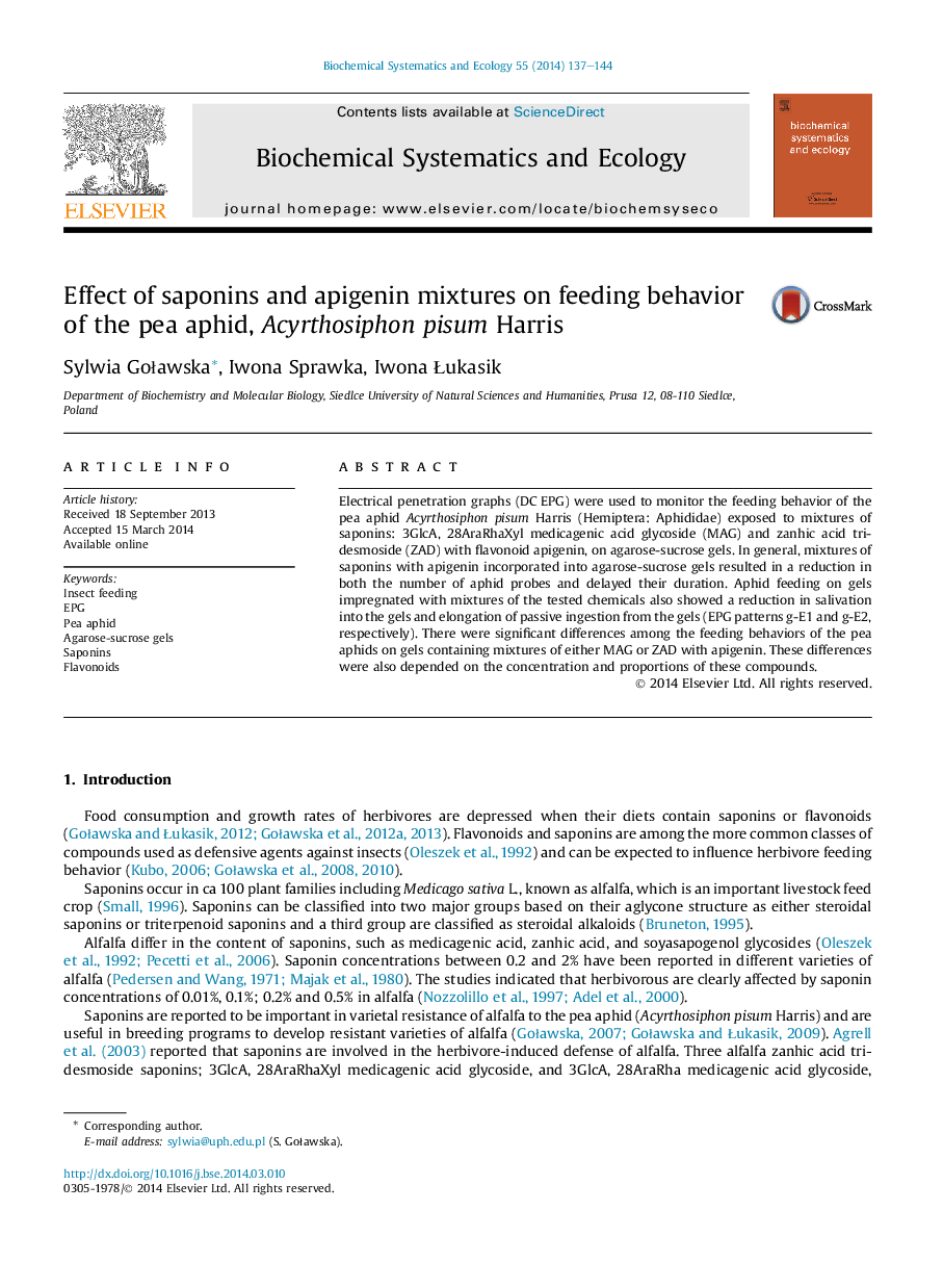 Effect of saponins and apigenin mixtures on feeding behavior of the pea aphid, Acyrthosiphon pisum Harris