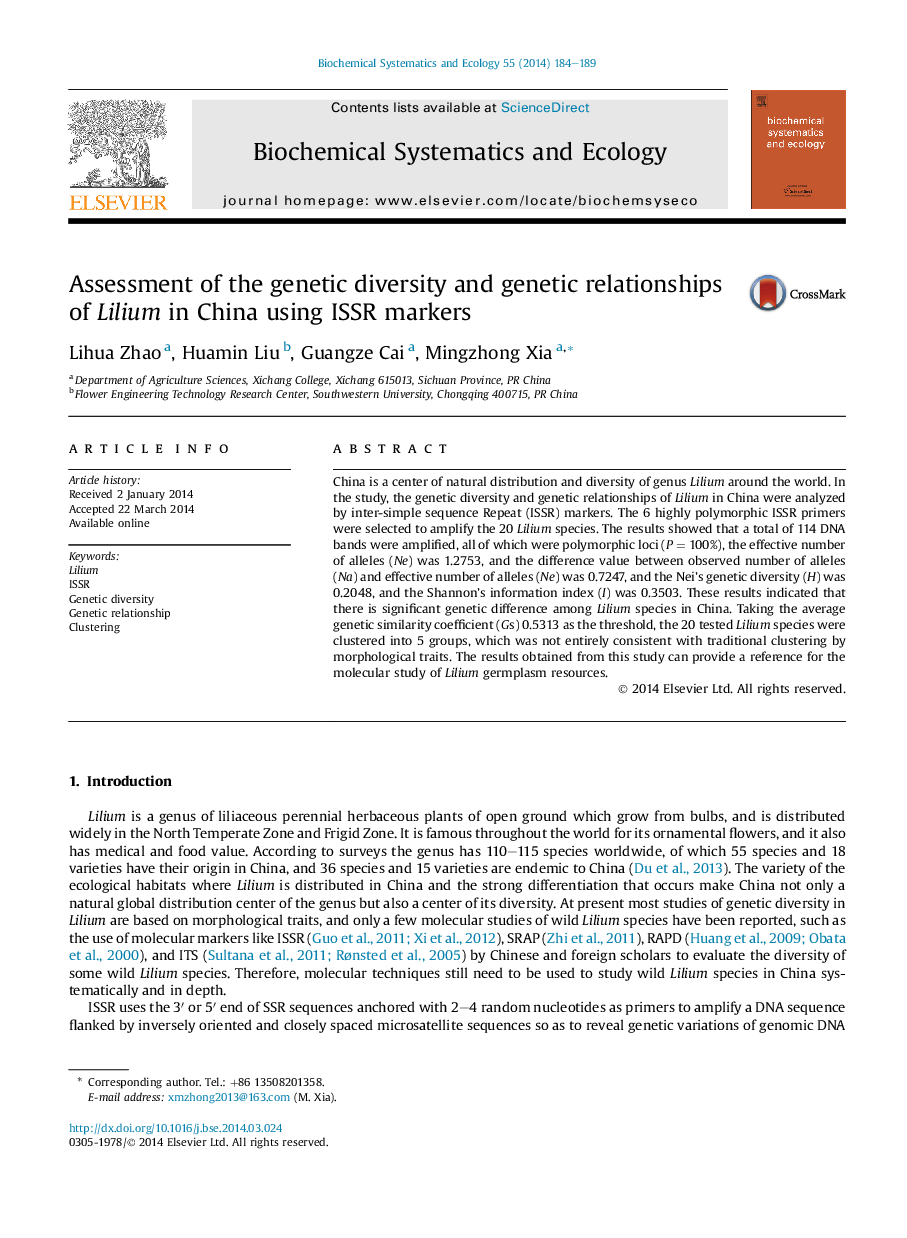 Assessment of the genetic diversity and genetic relationships of Lilium in China using ISSR markers