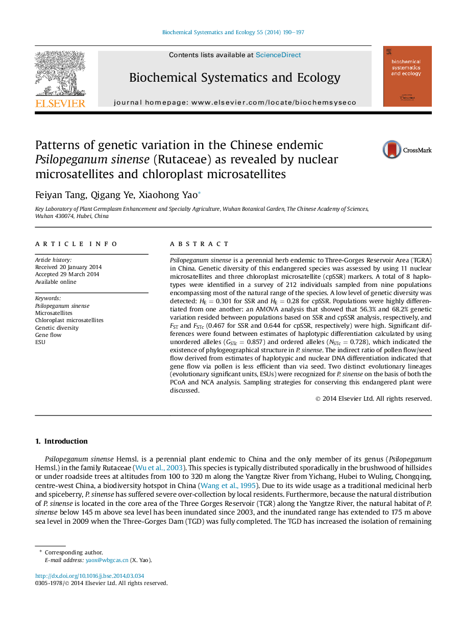 Patterns of genetic variation in the Chinese endemic Psilopeganum sinense (Rutaceae) as revealed by nuclear microsatellites and chloroplast microsatellites