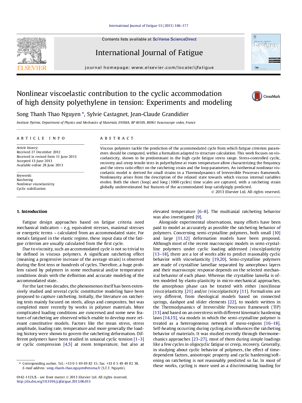 Nonlinear viscoelastic contribution to the cyclic accommodation of high density polyethylene in tension: Experiments and modeling