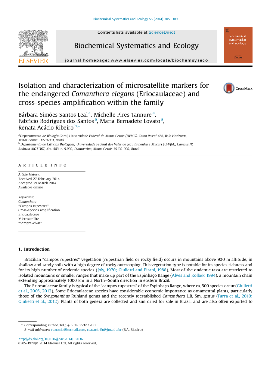 Isolation and characterization of microsatellite markers for the endangered Comanthera elegans (Eriocaulaceae) and cross-species amplification within the family