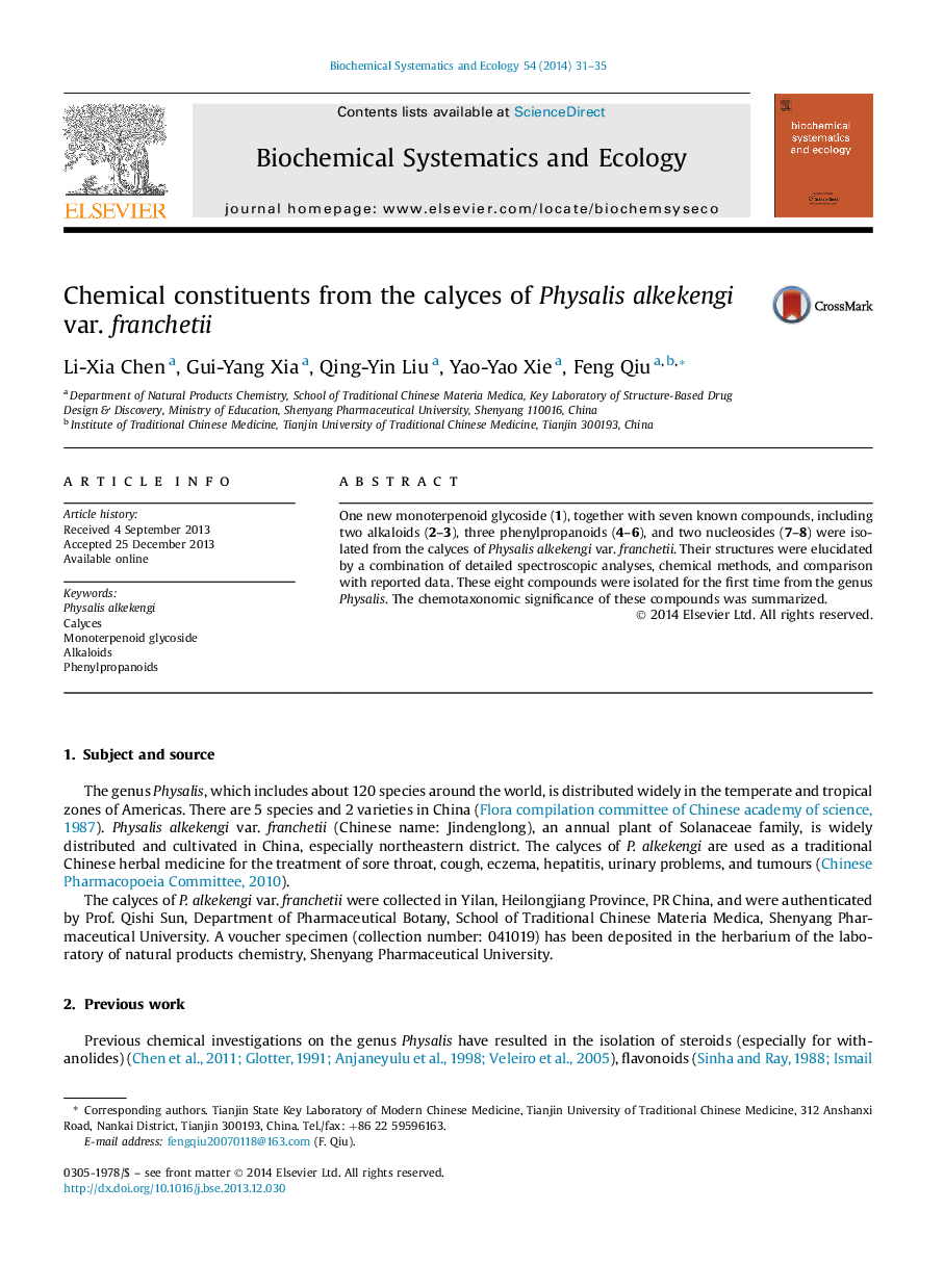 Chemical constituents from the calyces of Physalis alkekengi var. franchetii