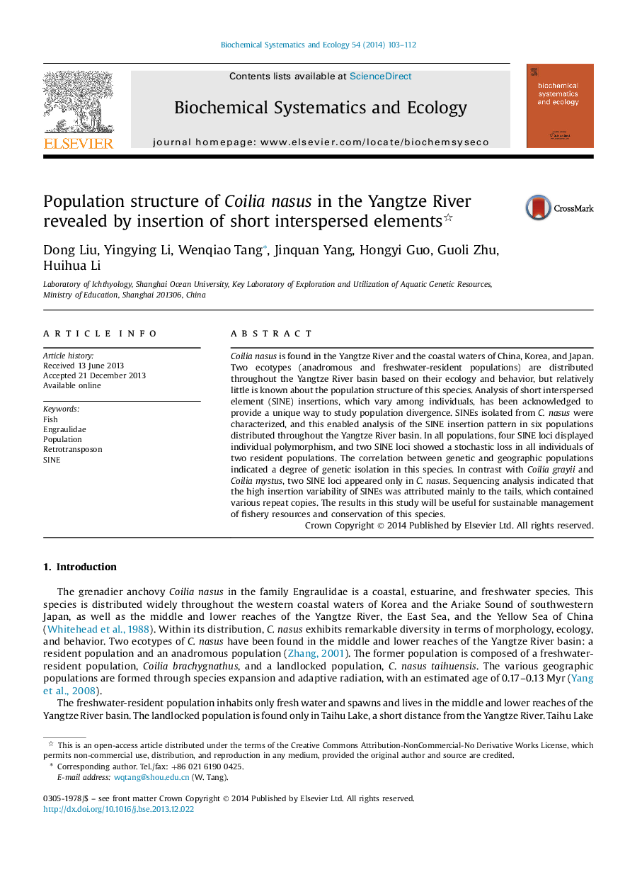 Population structure of Coilia nasus in the Yangtze River revealed by insertion of short interspersed elements