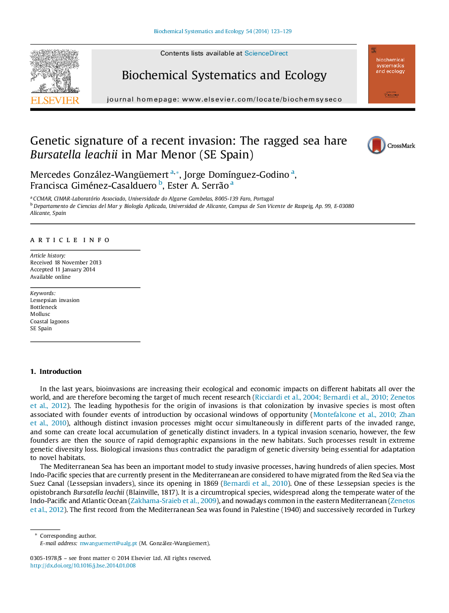 Genetic signature of a recent invasion: The ragged sea hare Bursatella leachii in Mar Menor (SE Spain)