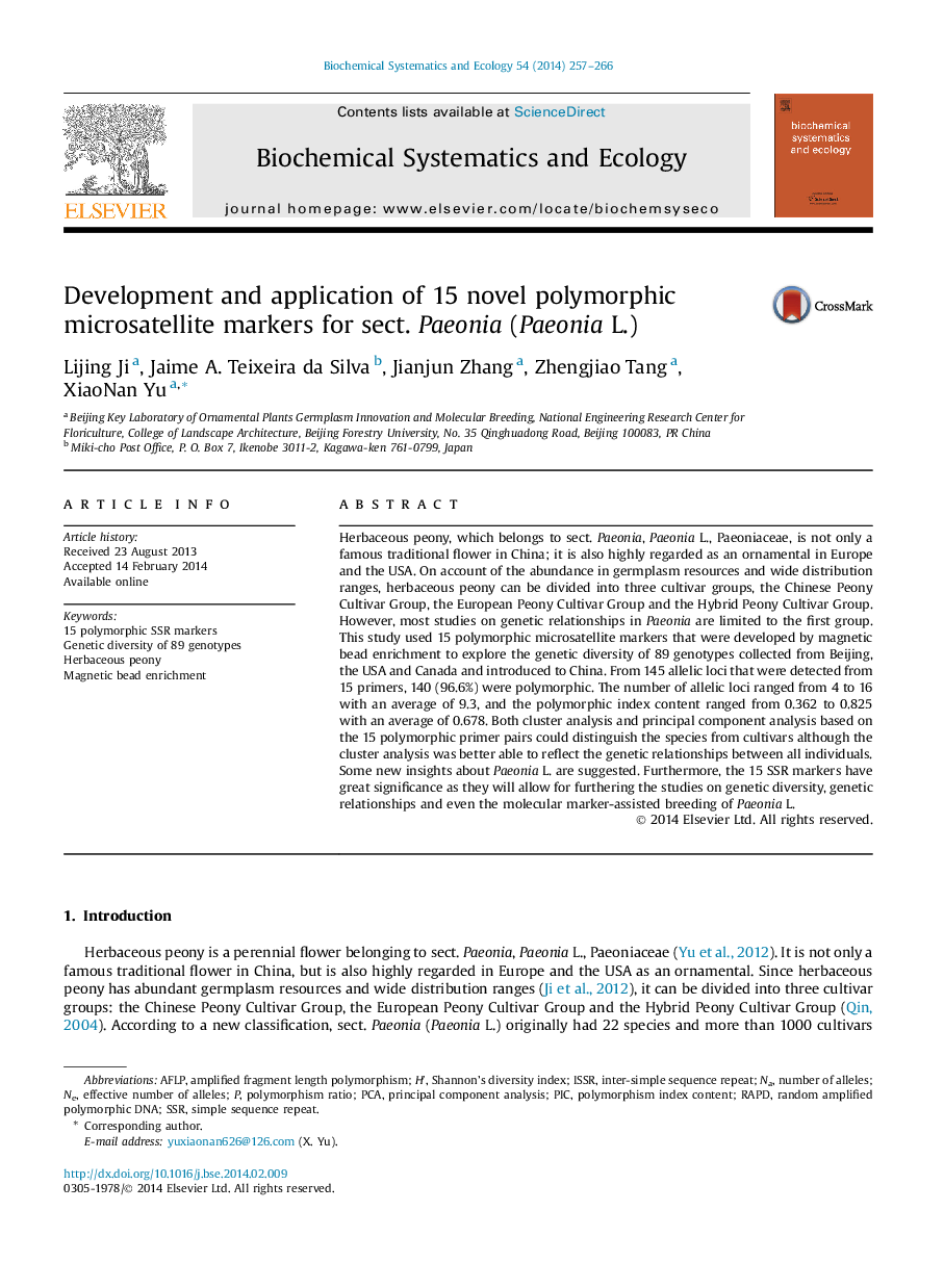 Development and application of 15 novel polymorphic microsatellite markers for sect. Paeonia (Paeonia L.)