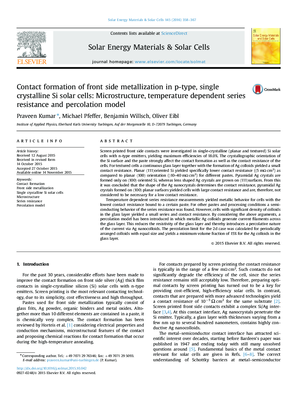 Contact formation of front side metallization in p-type, single crystalline Si solar cells: Microstructure, temperature dependent series resistance and percolation model