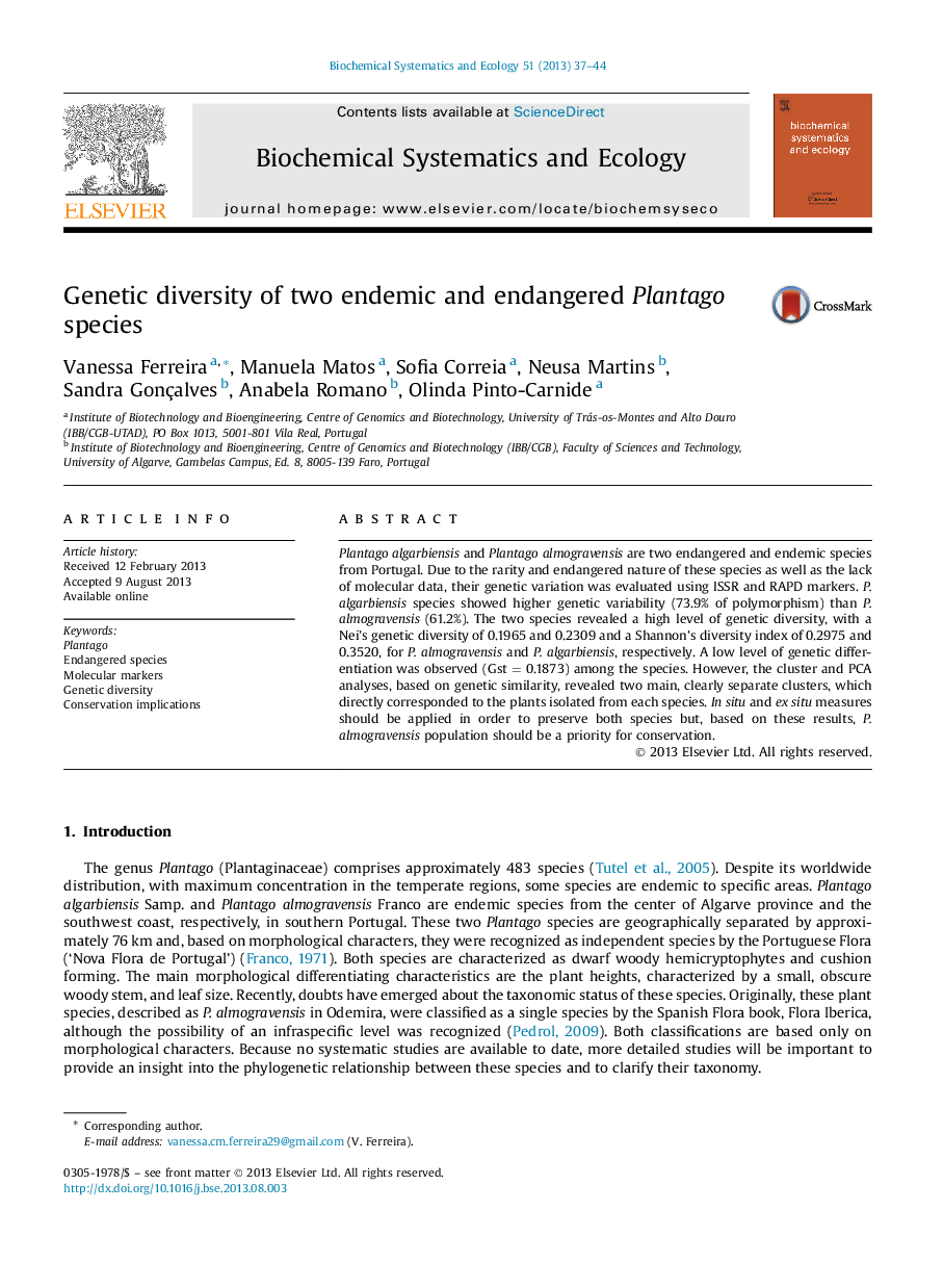 Genetic diversity of two endemic and endangered Plantago species