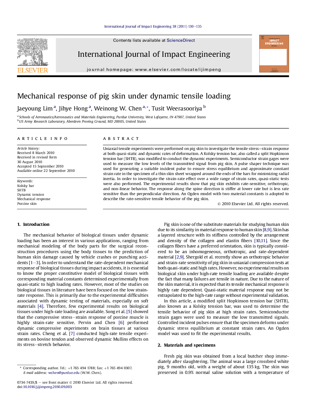 Mechanical response of pig skin under dynamic tensile loading