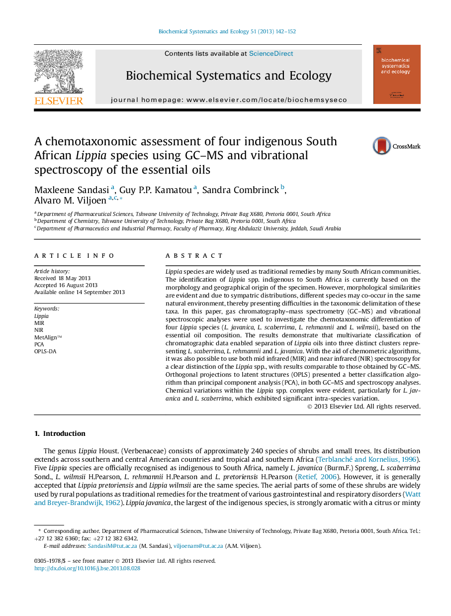 A chemotaxonomic assessment of four indigenous South African Lippia species using GC-MS and vibrational spectroscopy of the essential oils