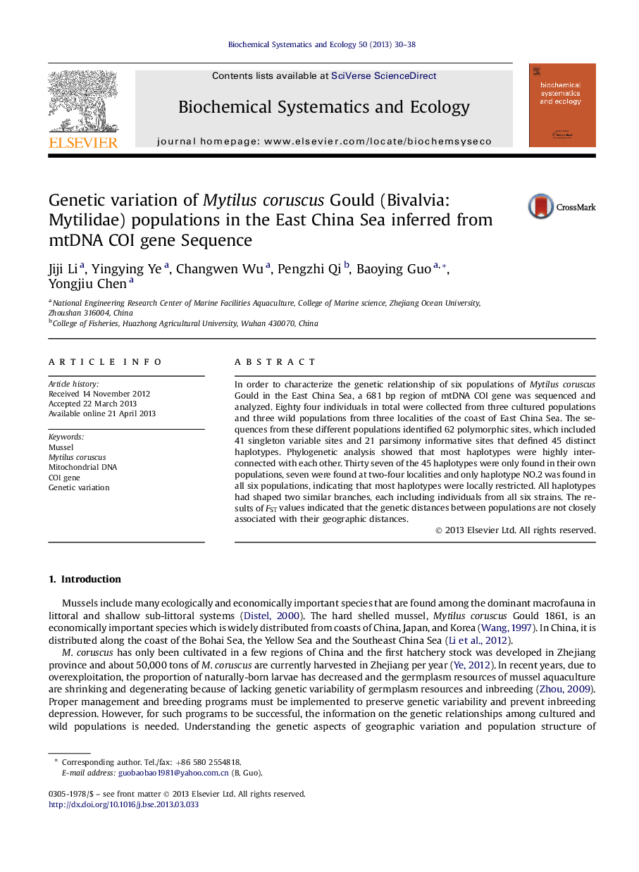 Genetic variation of Mytilus coruscus Gould (Bivalvia: Mytilidae) populations in the East China Sea inferred from mtDNA COI gene Sequence