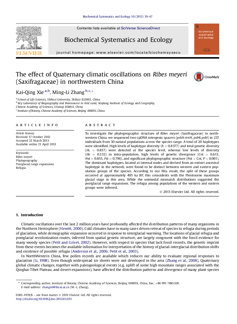 The effect of Quaternary climatic oscillations on Ribes meyeri (Saxifragaceae) in northwestern China