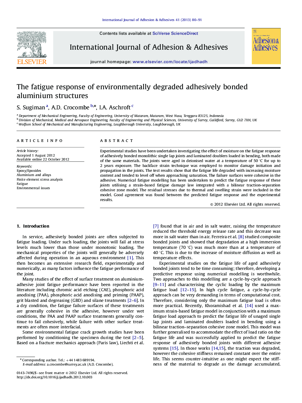 The fatigue response of environmentally degraded adhesively bonded aluminium structures